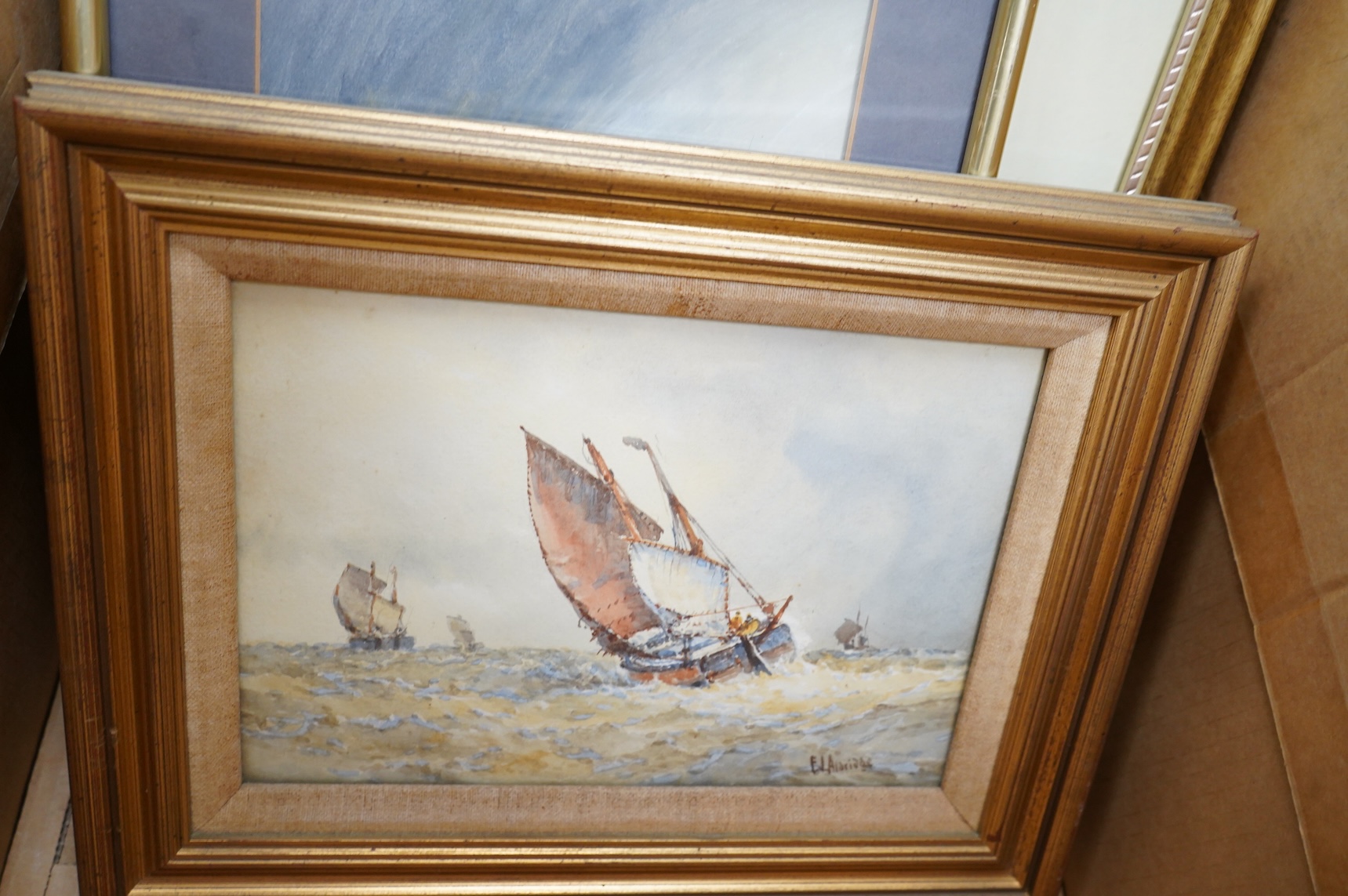 Late 19th / early 20th century, Maritime interest, Boats at sea before a castle, oil on board, together with six similar watercolours to include examples by Frederick James Aldridge and B. McKinley, largest 24 x 34cm